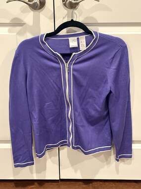 Emma James Cardigan Womens S Purple Full Zip Ribbed Collar Knit Acrylic Nylon